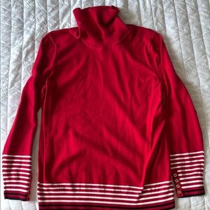 Red Turtleneck Sweater with Striped Cuffs